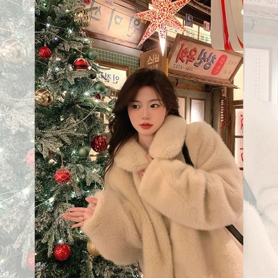 小白熊环保皮草外套仿水貂毛皮毛一体毛绒外套女中长款冬加厚保暖