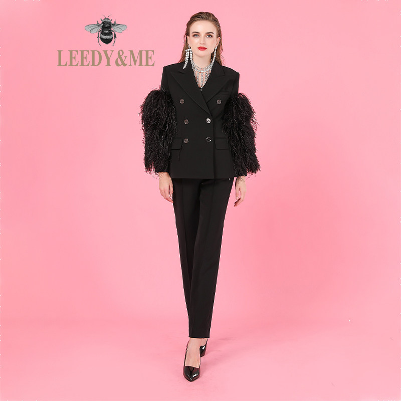 LEEDY＆ME春秋重奢新品双排扣手工鸵鸟毛霸气套装显瘦名媛通勤飒