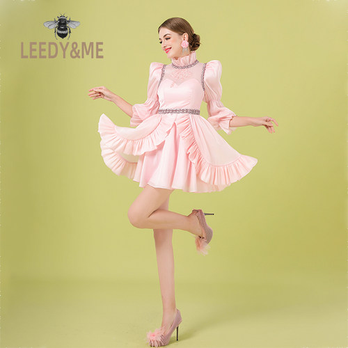leedy少女灯笼袖立领修身连衣裙