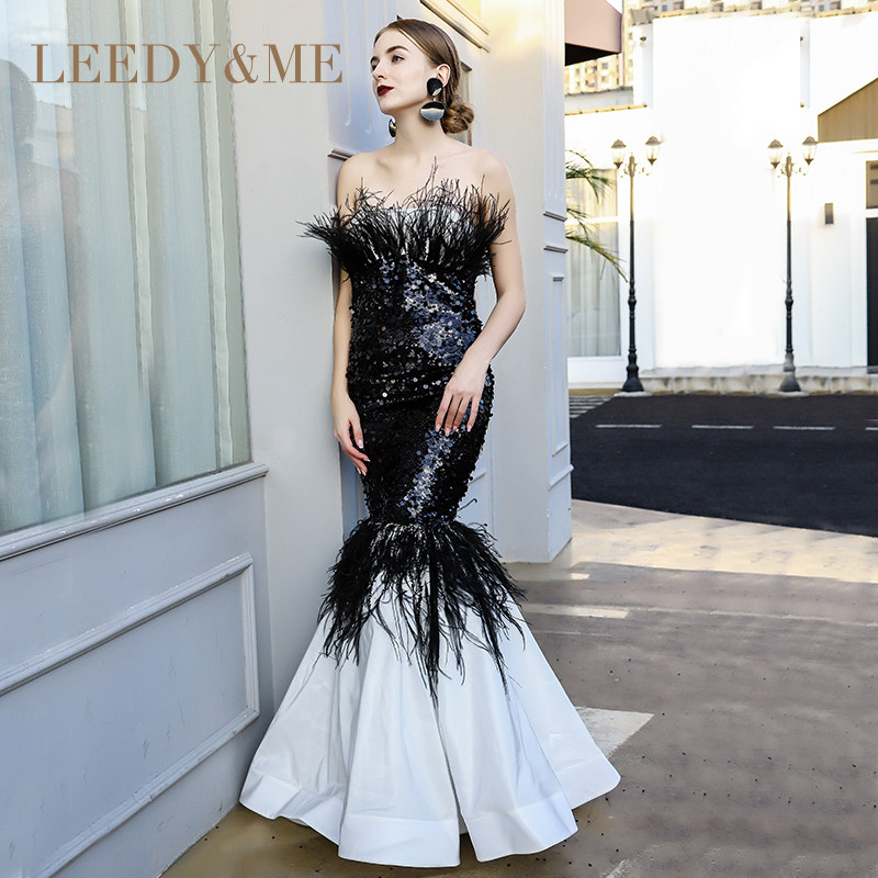 LEEDY＆ME直销重工系列定制鸵鸟毛抹胸鱼尾裙礼服女长款齐地裙