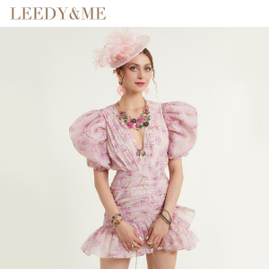 LEEDY＆ME法式浪漫印花连衣裙深V领泡泡袖修身包臀礼服裙约会派对