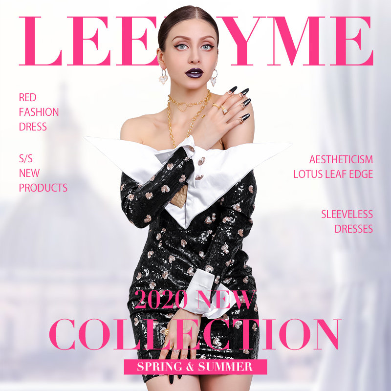 LEEDY＆ME时尚性感深V领重工刺绣珠片一字肩修身礼裙晚宴聚会包邮
