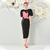 LEEDY新品 立体花卉订珠高奢修S连衣裙 郁金香赫本风名媛气质泡泡袖