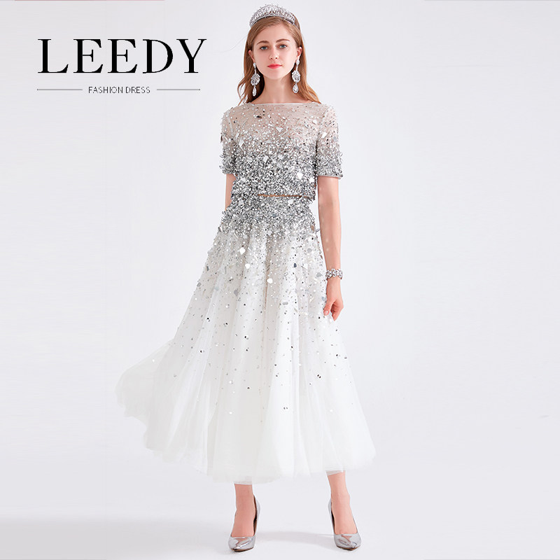 LEEDYME高端定制晚礼裙女新款聚会时尚重工钉珠亮片两件套蓬蓬裙_虎窝淘