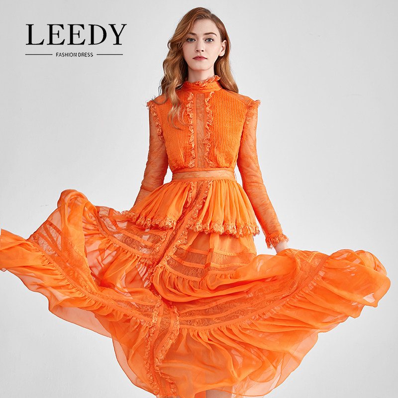 LEEDY＆ME浪漫橙色百褶长袖修身显瘦连衣裙优雅花边领晚宴礼服裙
