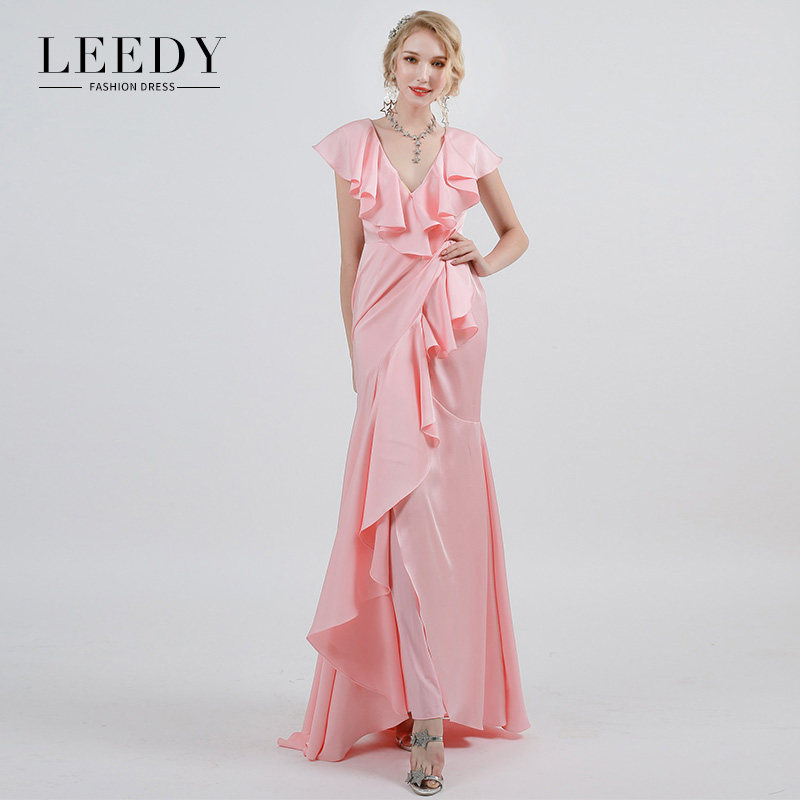 LEEDY＆ME气质鱼尾缎面修身长款女齐地荷叶边V领轻礼服女聚会晚会