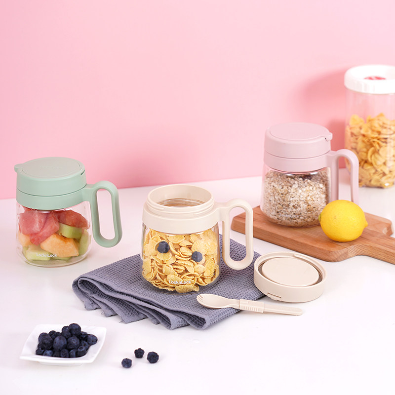 乐扣乐扣燕麦早餐杯玻璃杯家用水杯女大容量牛奶咖啡杯带盖勺杯子