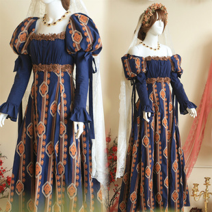 圣索菲亚 重磅深蓝色盘花刺绣VINTAGE宫廷显瘦高腰帝政裙及踝长裙