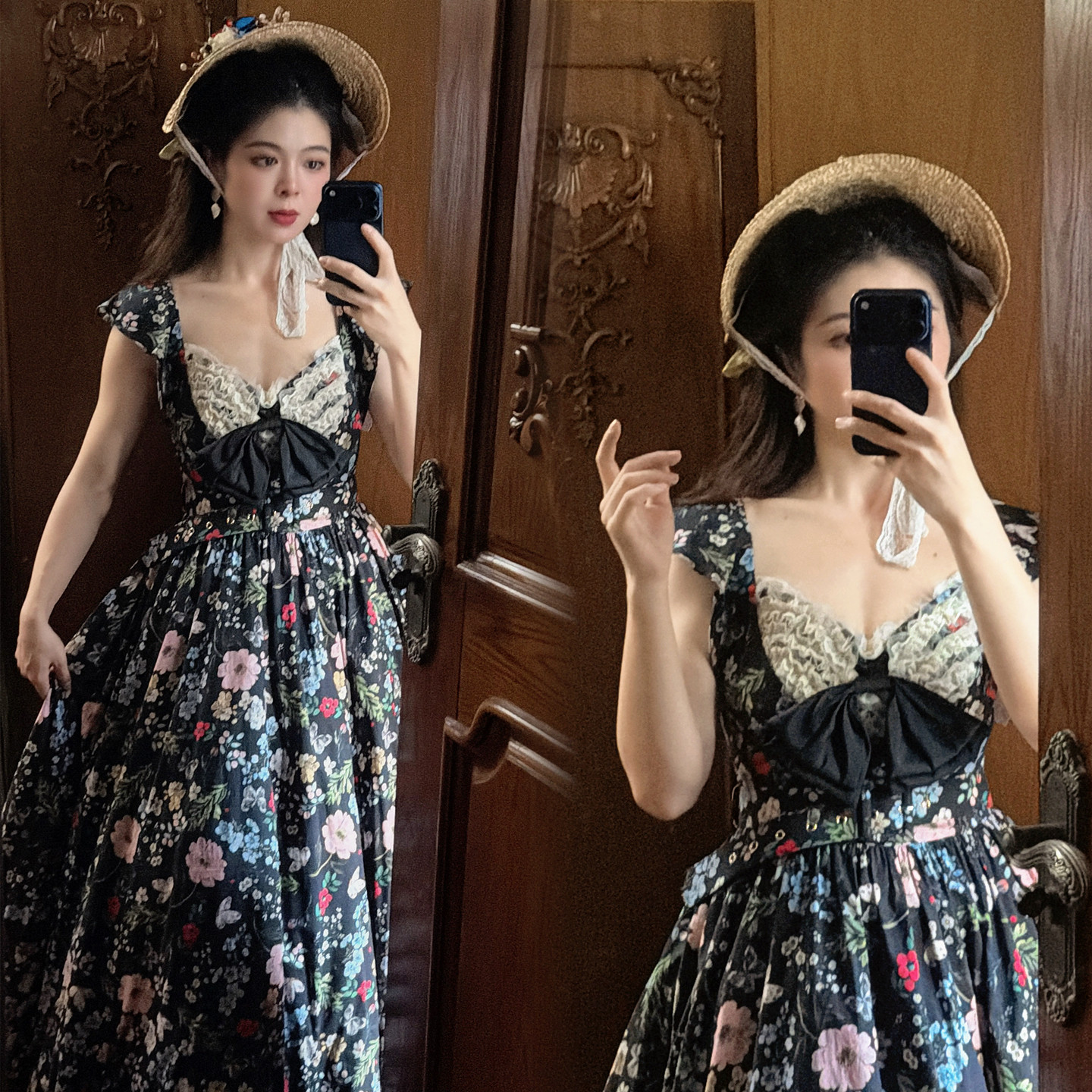 黑色手绘印花绝美花园礼服裙图片