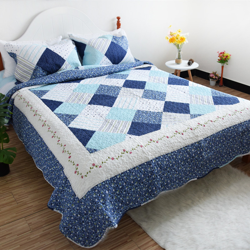 美式双面纯棉绗缝被2025高级韩国床盖三件套100%全棉四季通用床单