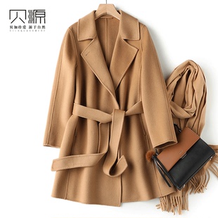 贝源高端驼色双面羊绒大衣女短款2025新小个子中长款羊毛毛呢外套