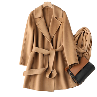 贝源高端驼色双面羊绒大衣女短款2025新小个子中长款羊毛毛呢外套