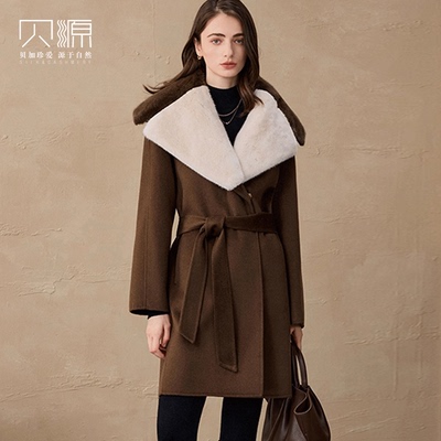 贝源水貂毛领棕色双面纯羊绒大衣