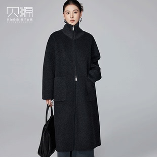 贝源高端双面羊绒大衣女2025新款中长款针织立领拉链羊毛毛呢外套
