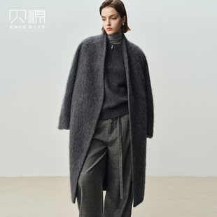 贝源M家灰色双面羊绒大衣女2025新长款系带长毛拉绒羊毛毛呢外套