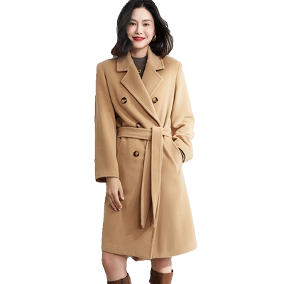 贝源小个子双排扣中长款羊绒大衣