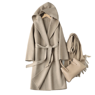 贝源高端燕麦色双面羊绒大衣女2025新款中长款连帽纯羊绒毛呢外套