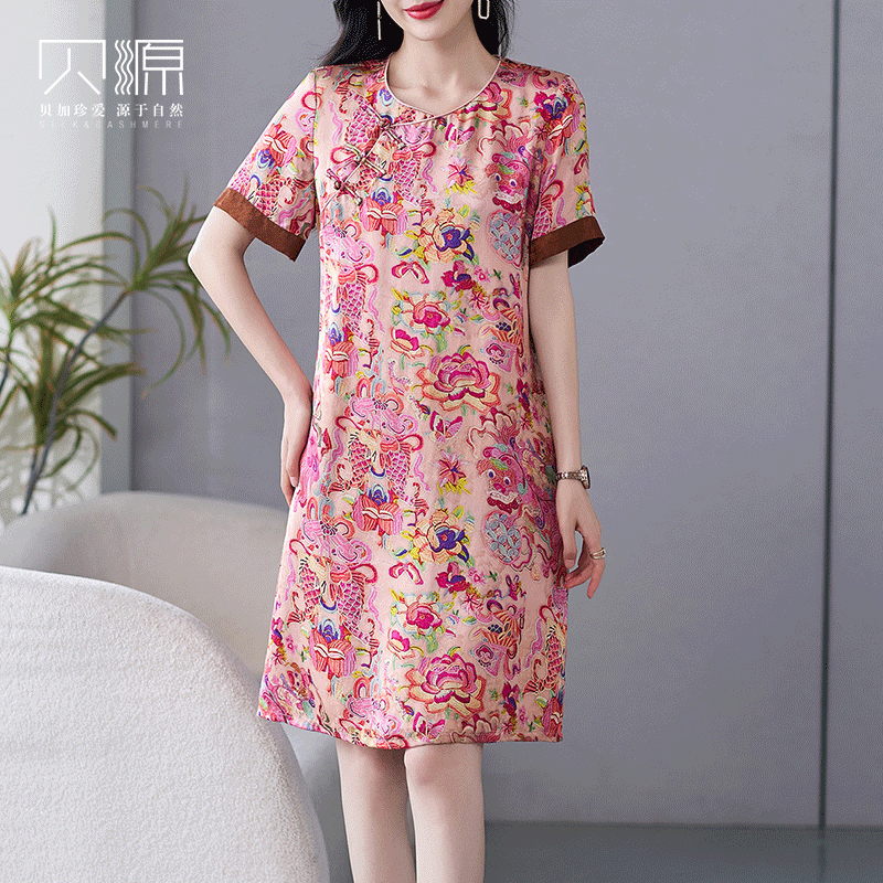 贝源中国风改良旗袍印花连衣裙2025新小个子中长款短袖香云纱女裙,女装/女士精品,连衣裙,淘宝优惠券,粉丝福利购,淘宝优惠卷