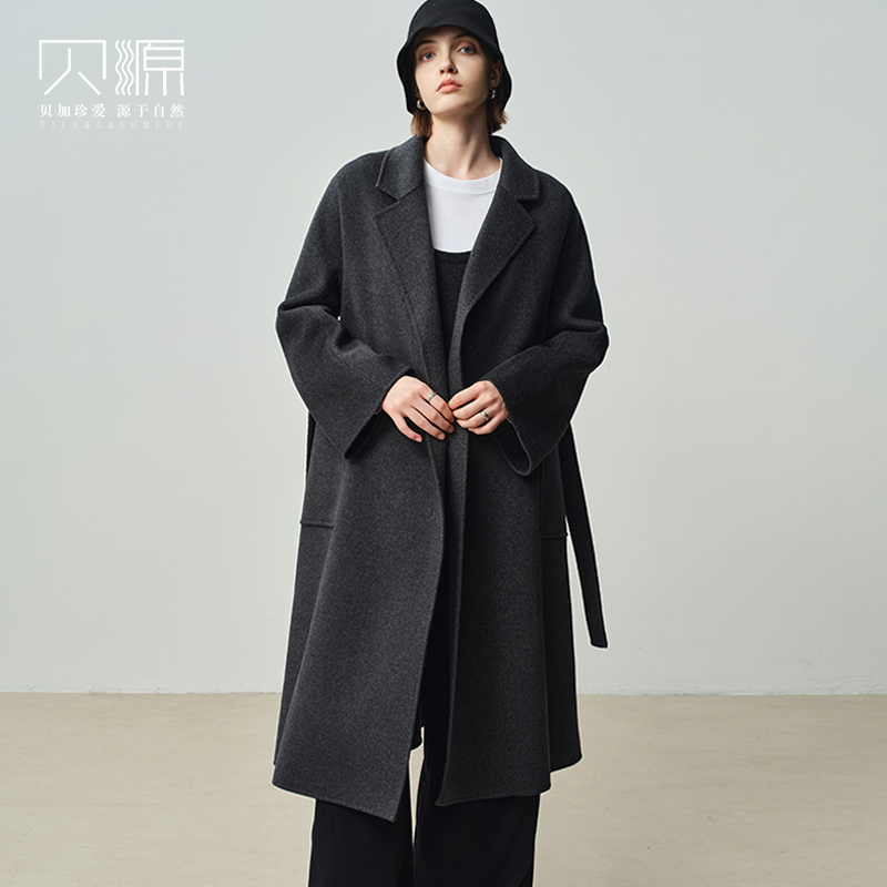 贝源M家labbro灰色双面羊绒大衣女2025浴袍款中长款羊毛毛呢外套