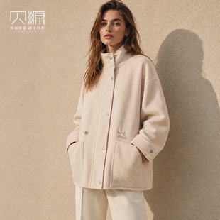 贝源米白色双面羊绒大衣女短款2026新款小个子100纯羊绒毛呢外套