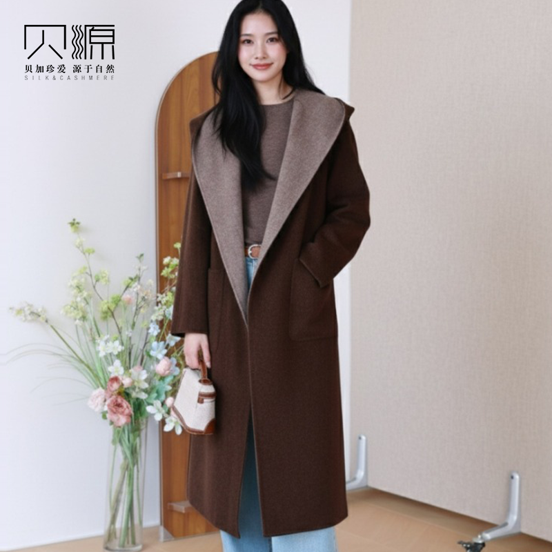贝源高端双色双面羊绒大衣女连帽2025新中长款浴袍款羊毛毛呢外套