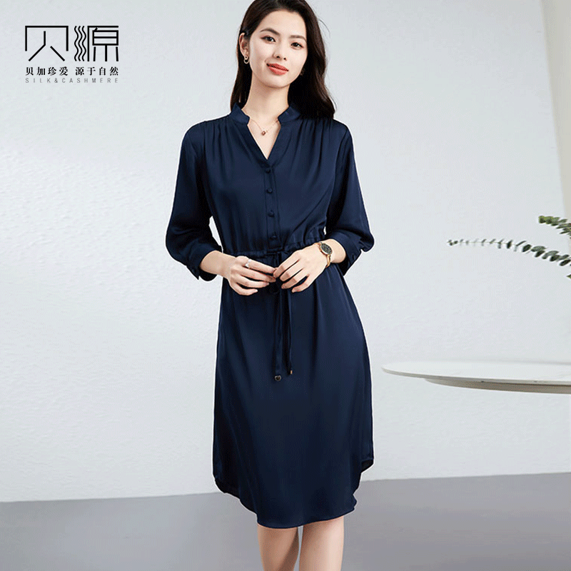 贝源法式减龄纯色重磅真丝连衣裙2026新款小个子中长款桑蚕丝女裙