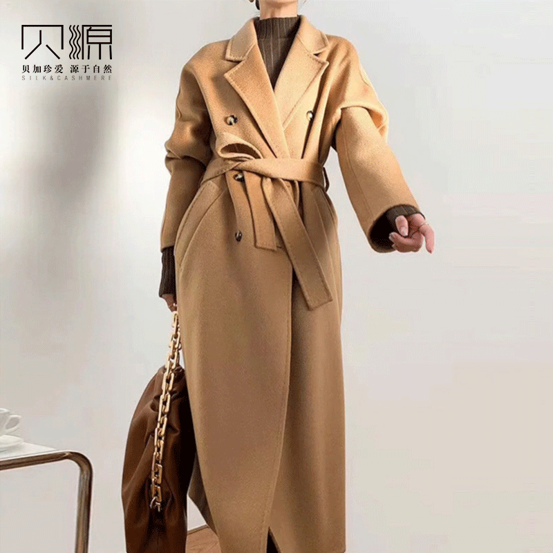 贝源驼色中长款过膝双面羊绒大衣