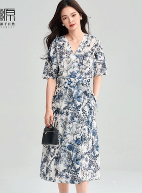 贝源中国风青花瓷蓝色印花连衣裙2025夏季新款显瘦一片式围裹女裙