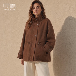 贝源2026秋冬新款双面羊绒大衣女短款100纯羊绒立领拉链毛呢外套