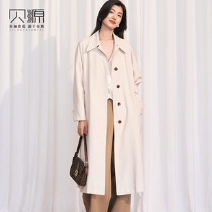 贝源2025新老钱风米白色亚麻风衣女慵懒风中长款显瘦系带休闲外套