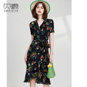 贝源法式减龄V领印花桑蚕丝连衣裙2026新中长款显瘦短袖真丝女裙