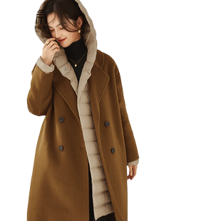 贝源可脱卸绗棉马甲内胆女连帽2024新款驼色双面呢羊绒大衣两件套