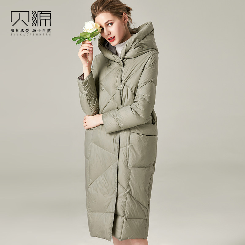 贝源欧美品牌轻薄羽绒服女中长款2025冬装新款连帽白鸭绒羽绒外套