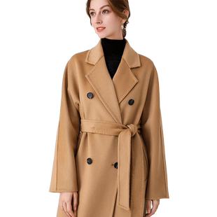 贝源驼色双面羊绒大衣女中长款2025新款高端水波纹毛呢外套101801