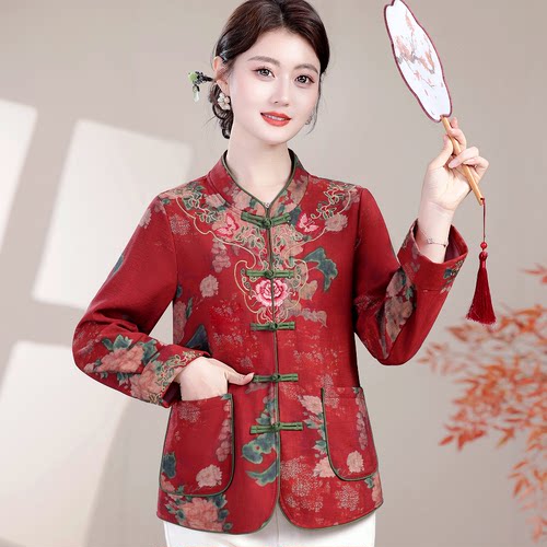 妈妈装秋冬绣花民族风外套上衣