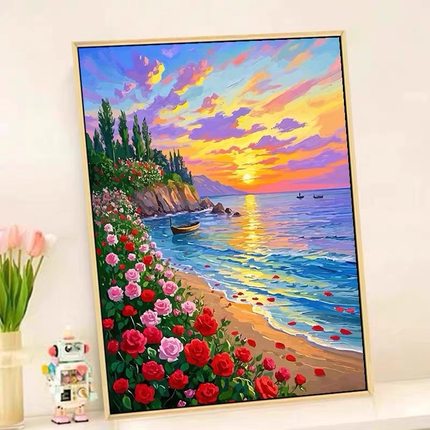 玫瑰花卉海滩5d钻石画满钻2025新款治愈风景客厅手工diy粘贴闪钻