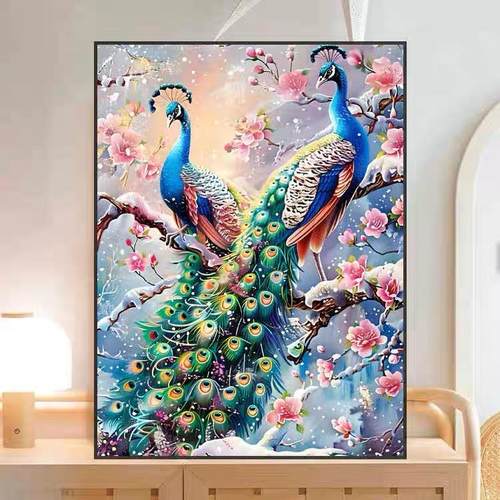 手工玄关十字绣雪中孔雀5d钻石画