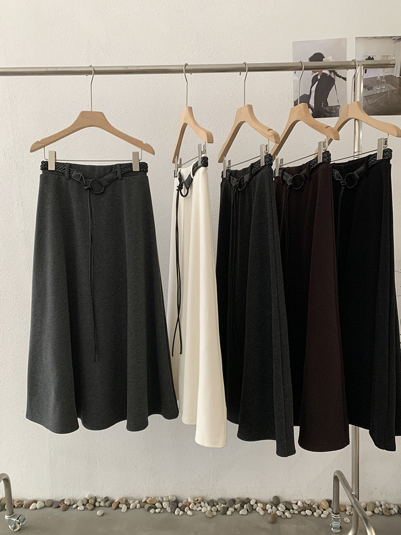 阿浅家 配腰带 秋冬加绒a字半身裙女中长款宽松灰色百搭裙子韩系