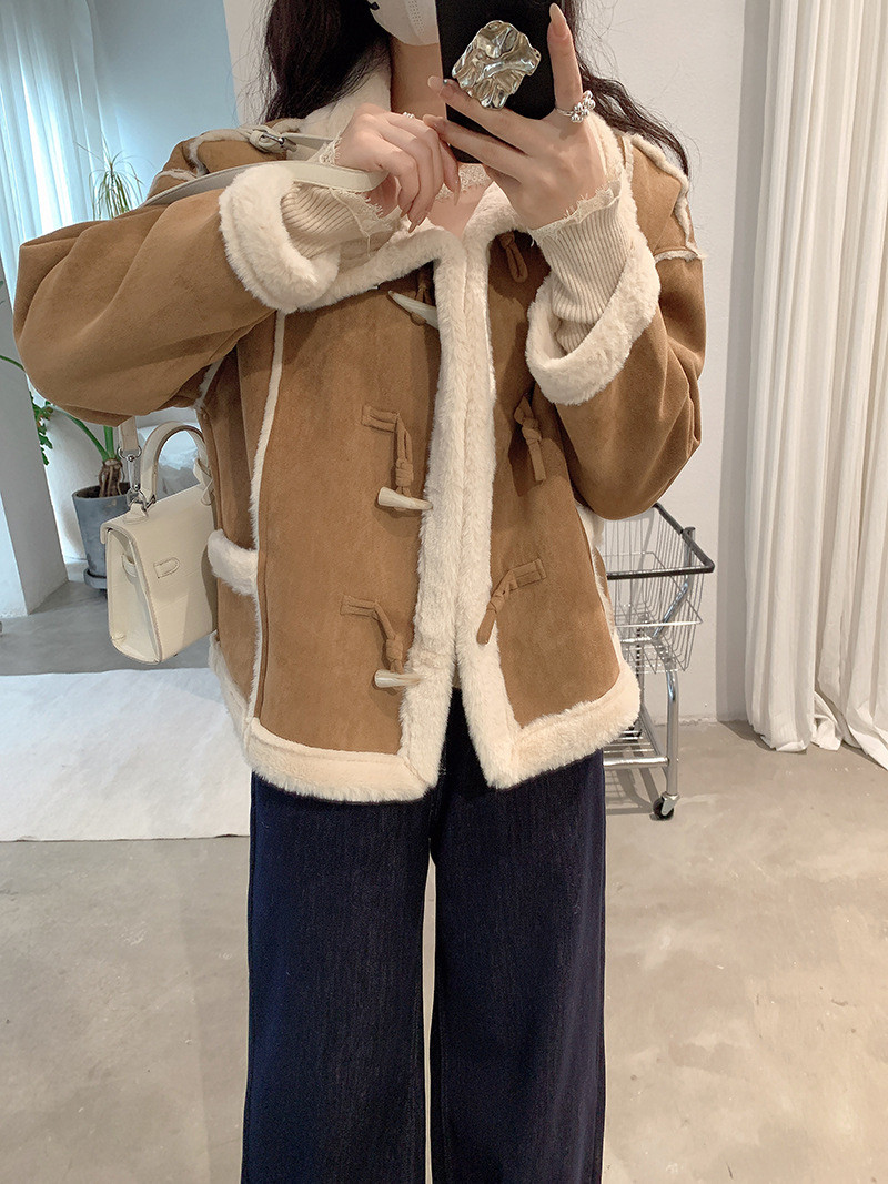 阿浅家 咖色麂皮绒皮毛一体羊羔毛外套女宽松秋冬加绒机车服短款
