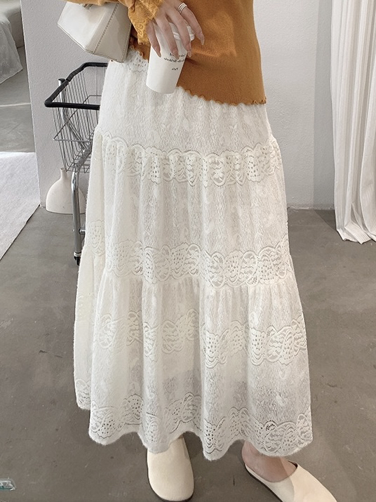 阿浅家 超仙米白色蕾丝镂空加绒半身裙女秋冬加厚百搭中长款裙子