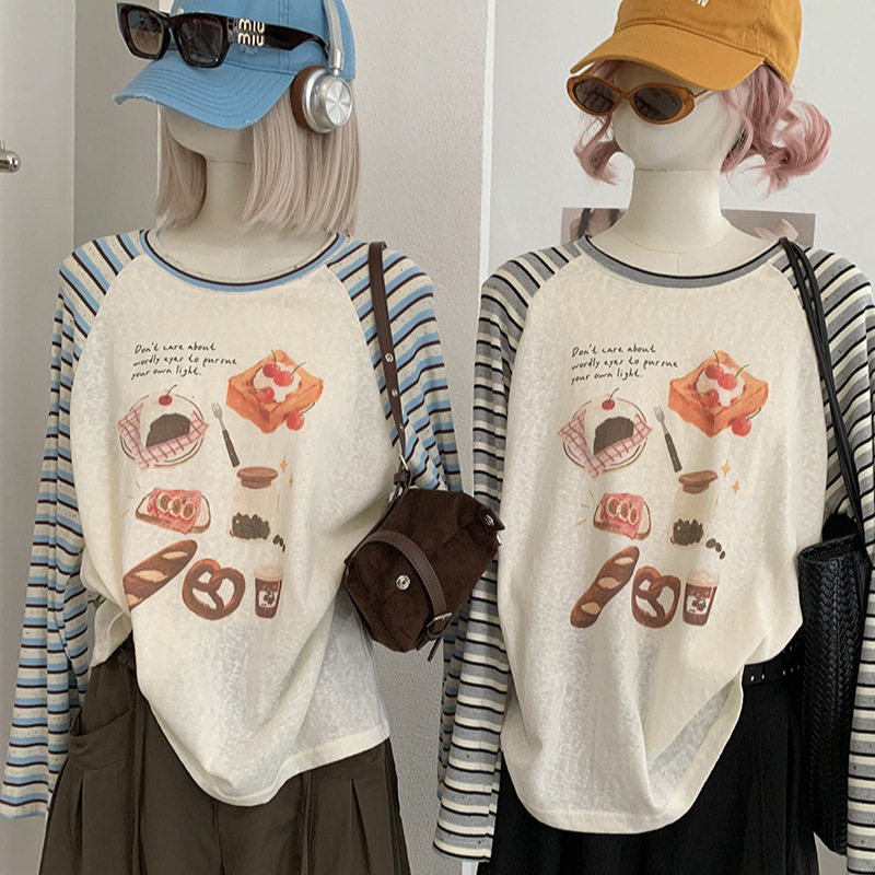 阿浅家 韩系休闲插肩袖甜品印花条纹长袖T恤女秋季宽松圆领打底衫