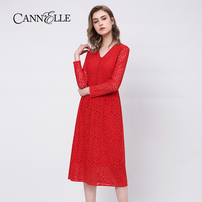 Cannelle晴迷桂莉v领拼接蕾丝连衣裙女士