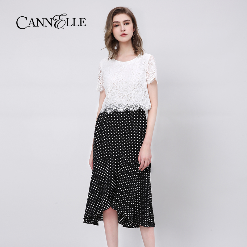 Cannelle夏季女士蕾丝拼接波点裙连衣裙