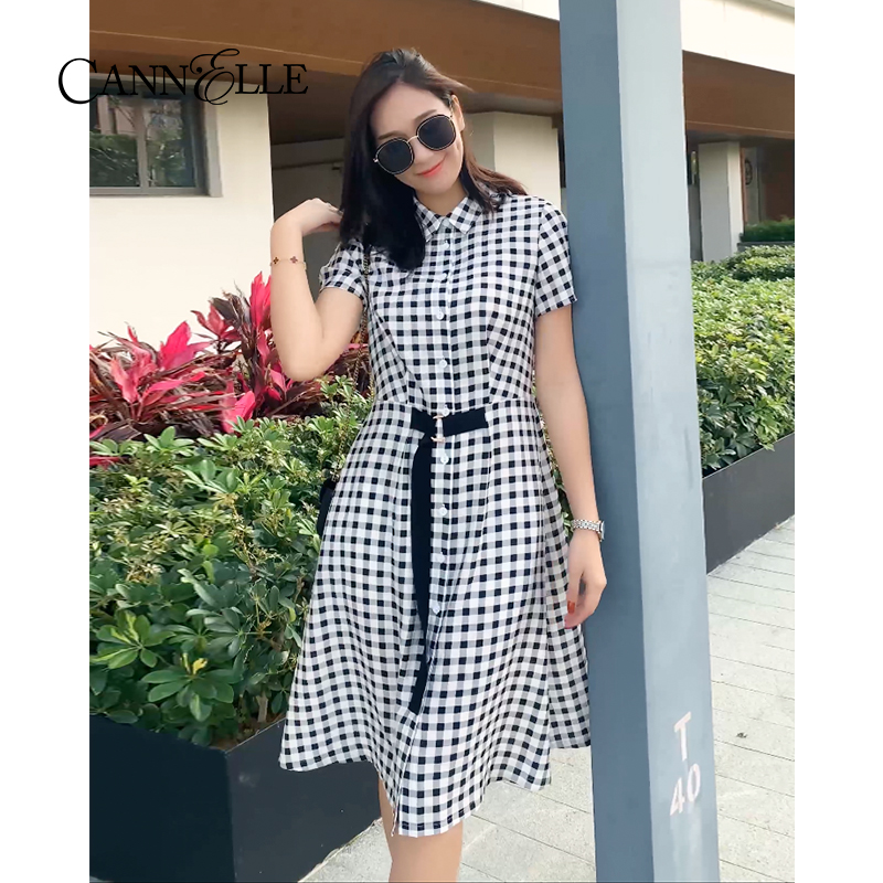 黑白格夏季女士连衣裙裙子收腰短袖a字中长气质晴迷桂莉Cannelle