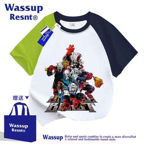 WASSUP无敌少侠Invincible马克男女儿童拼接袖短袖棉t恤衫夏装新