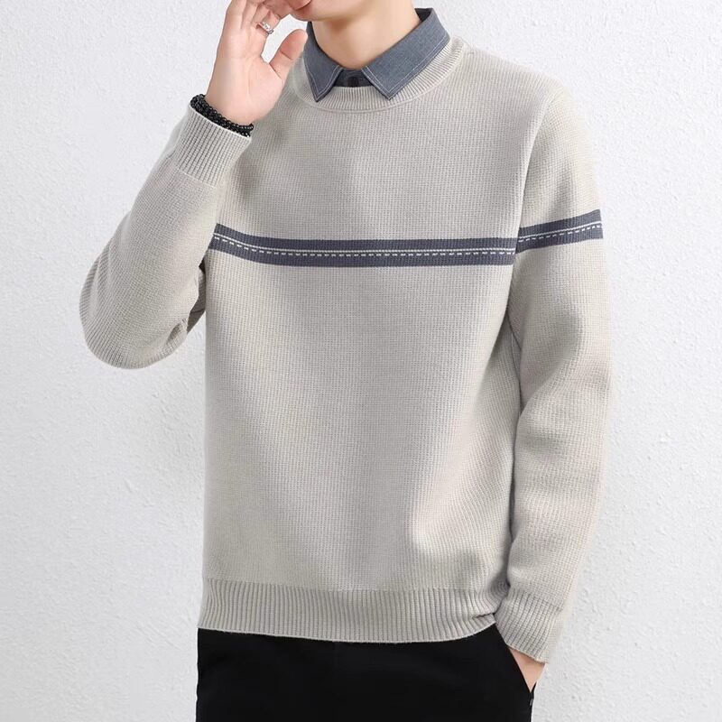 撞色假两件毛衣男士衬衫领线衣秋冬季新款加厚高端潮牌打底针织衫