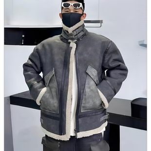 美式复古羊羔毛绒皮衣外套男加绒加厚潮流痞帅机车皮毛一体派克服