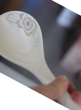 淡黄色花卉加长柄大汤勺长柄陶瓷调羹长柄勺子彩陶餐具家用大勺子