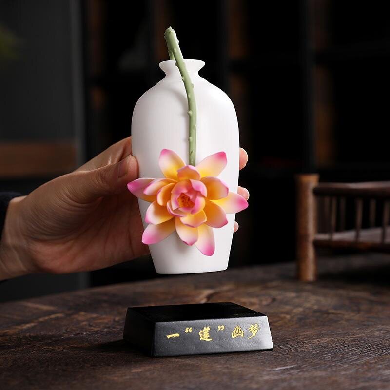 手工莲花摆件陶瓷小花瓶客厅茶室