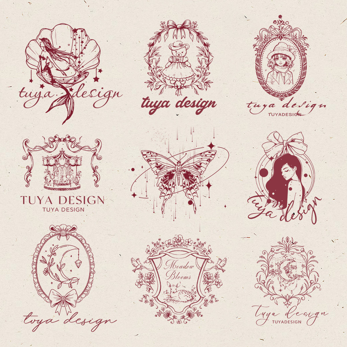 手绘浪漫复古法式线稿logo设计美业甜品蛋糕标志宠物店头像水印